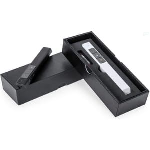 A black and white laser pointer presented in an open black box with compartments for the device and accessories.