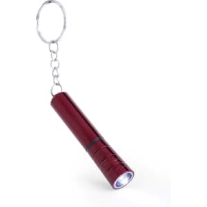 A red torch keyring with a silver chain, featuring a small flashlight at one end.