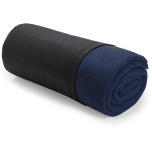 A rolled blanket featuring a navy blue fabric with a black sleeve, neatly compacted for storage.