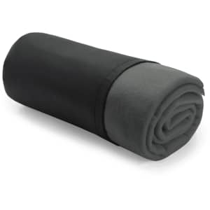 A rolled black and grey blanket, neatly secured for storage, with a branding logo on the surface.