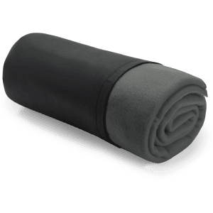 A rolled black and grey blanket made of soft fabric, featuring a simple design and a branding logo.