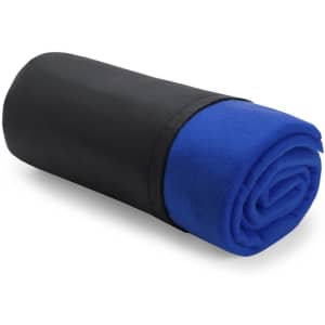 A rolled blanket featuring a vibrant blue fleece and a black carrying sleeve, with a logo visible on the sleeve.