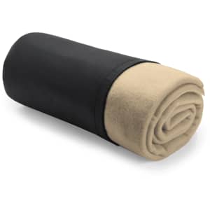 A rolled blanket featuring a black exterior and a beige inner layer, with a branding logo visible.