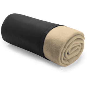 A rolled blanket featuring a black outer layer and a beige inner layer, designed for home and living use.