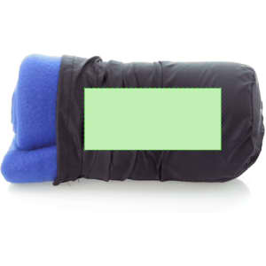 A blue blanket rolled up in a black cover, featuring a logo on the side.
