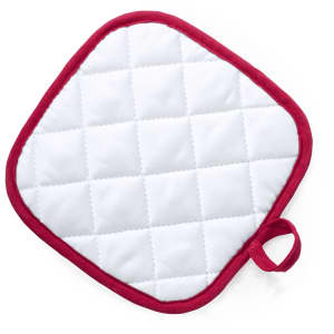 A quilted pot holder in white with a red border and a hanging loop. It includes a logo on the corner.