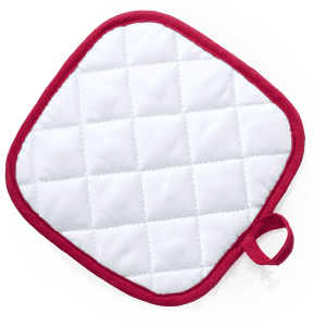 A white quilted pot holder with a red trim and loop for hanging. It features a stitched pattern.