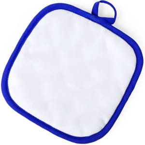 A square pot holder with a white centre and blue trim, featuring a loop for hanging.