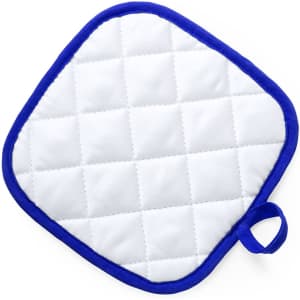 A square pot holder in white with a blue border, featuring a quilted design and a loop for hanging.
