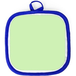 A square pot holder in light green with a blue trim and a hanging loop, featuring a logo.