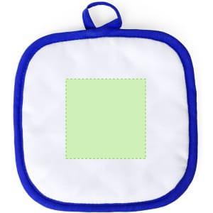 A square pot holder with a white centre bordered by a blue edge, featuring a blank green section in the middle.