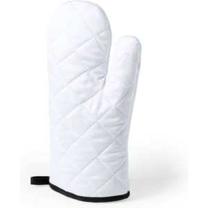 A white quilted kitchen mitten with a black trim and a hanging loop. It features a logo on the design.