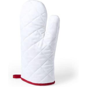 A white kitchen mitten with a red trim and a quilted design, featuring a hanging loop.