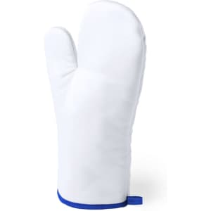 A white kitchen mitten with a blue trim and a hanging loop. It has a plain design without any branding visible.