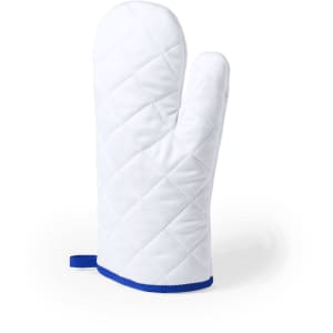 A white kitchen mitten with blue trim, featuring a quilted design and a hanging loop.