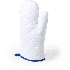 A white kitchen mitten with a quilted pattern and a blue trim, featuring a hanging loop.
