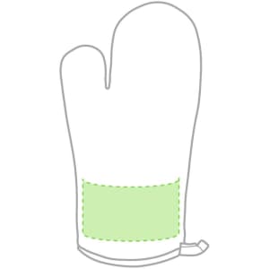 A green kitchen mitten with a textured grip area and a hanging loop. It has a simple, outline design.