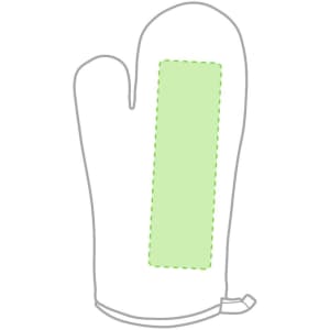 A kitchen mitten with a green accent and an attached loop, featuring a simple design and outlined stitching.
