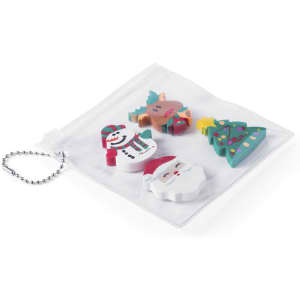 A set of four holiday-themed erasers in various colours, contained in a clear pouch with a chain, featuring a snowman, reindeer, Christmas tree, and Santa.
