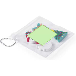 A clear pouch containing various shaped erasers in vibrant colours, including a green Christmas tree and white snowflakes.