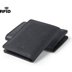A black RFID card holder with a sleek design, featuring a fold-over style and an embossed branding logo.