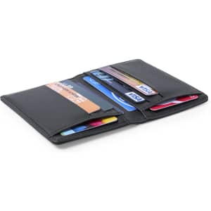 A black leather card holder with multiple slots for business and credit cards, featuring a sleek, minimalist design.