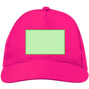 A pink cap featuring a square space for customization and a logo.