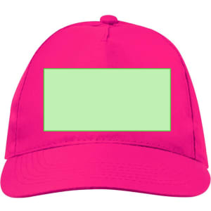 A vibrant pink cap featuring a blank green rectangular panel and a logo at the front.