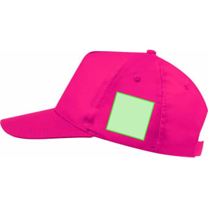 A vibrant pink cap featuring a green square patch on the side and a curved brim. Includes a branding logo.