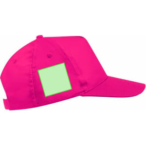 A pink cap featuring a square patch for branding or customization. The cap has a curved peak and adjustable strap.