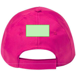 A pink cap with an adjustable strap at the back, featuring a blank rectangular area for branding.