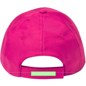 A bright pink cap featuring an adjustable strap and a logo on the back.
