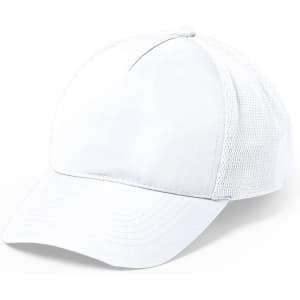 A white cap with a mesh back, featuring a curved brim and a logo on the front.