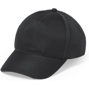 A black cap featuring a smooth front and mesh sides, designed for headwear use.