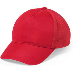 A red cap with a solid front and mesh panels on the sides and back, featuring a curved brim.