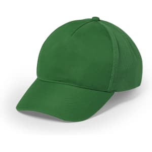 A green cap with a solid front and mesh sides, featuring a curved brim and a logo.