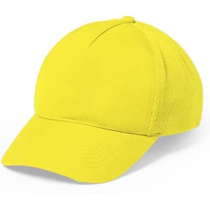 A bright yellow cap with a solid front and mesh back, featuring a curved brim and an adjustable strap.