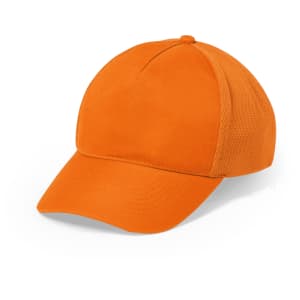 An orange cap with a solid front and mesh sides, featuring a curved brim and a rounded top.