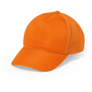 An orange cap with a solid front and mesh sides, featuring a logo on the front panel.