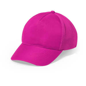 A bright pink cap with a solid front and mesh side panels, featuring a curved peak and a branding logo.