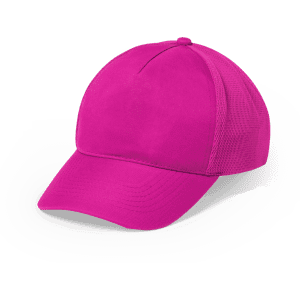 A pink cap with a solid front and mesh panels at the back, featuring a logo on the front.