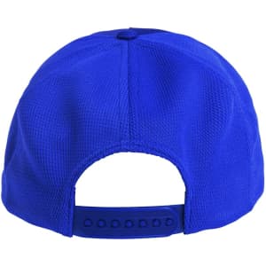 A blue cap with a mesh design and an adjustable strap at the back, featuring a logo.
