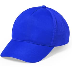A blue cap featuring a solid front and mesh back, designed for comfort and breathability, includes a logo.