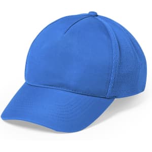 A blue cap featuring a solid front and mesh panels at the back, with a curved brim.