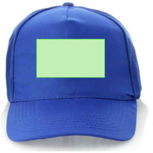A blue cap featuring a blank area for customisation and a logo on the front.