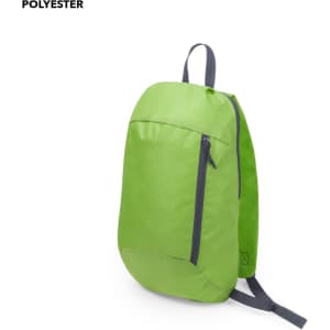 A vibrant green backpack made of polyester, featuring a zippered pocket and adjustable straps.