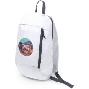 A light grey backpack with a circular graphic and a zippered front pocket. It features adjustable straps and a logo.