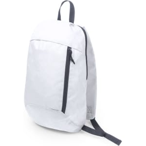 A light grey backpack with a zippered pocket and black straps, featuring a logo on the front.