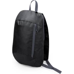 A black backpack with a sleek design featuring a front zip pocket and adjustable straps.