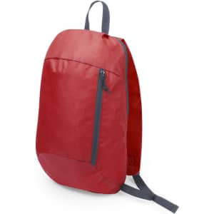 A red backpack with a zippered front pocket and grey straps, featuring a branding logo.